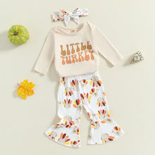 Load image into Gallery viewer, Baby Girls 3Pcs Little Turkey Thanksgiving Outfit Letter Print Long Sleeve Romper Turkey Print Flare Pants Tie Headband Set
