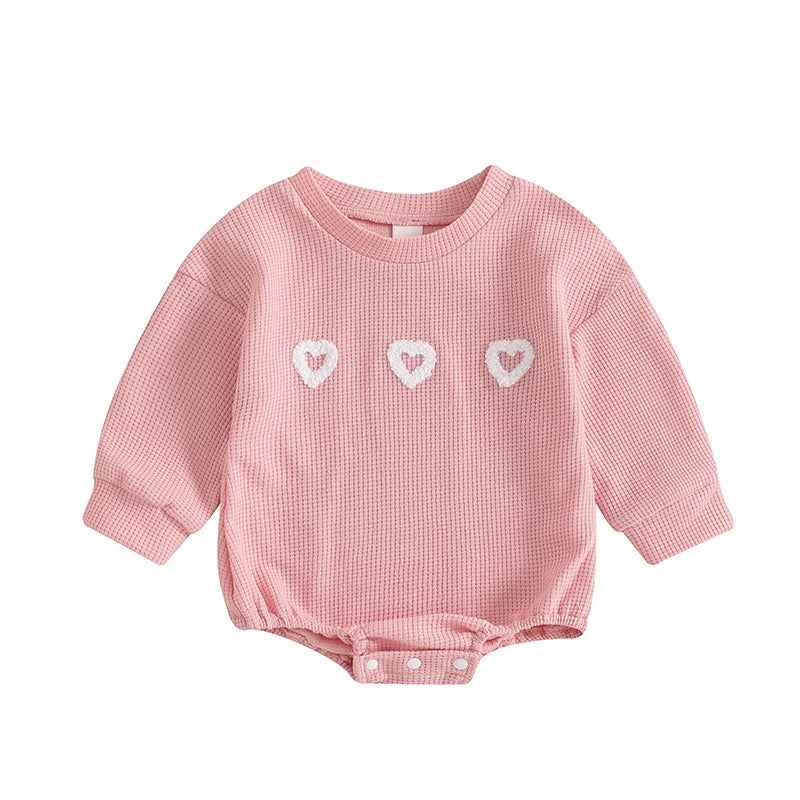 Baby Toddler Girls Waffle Romper Heart Valentines Embroidery Long Sleeve Jumpsuits Valentine's Day