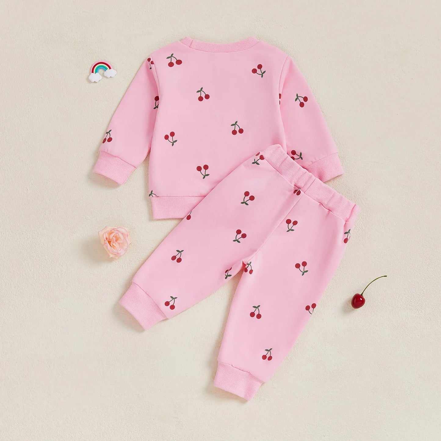 Baby Toddler Girl 2Pcs Winter Fall Outfit Cherry Print Long Sleeve Top Elastic Waist Joggers 2 Piece Jogger Set