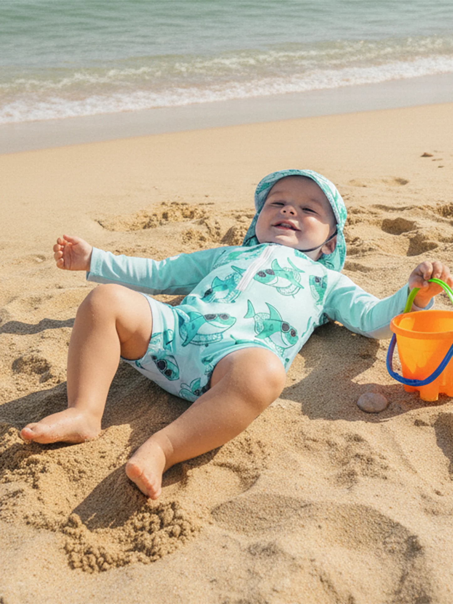 Baby Toddler Boys 2Pcs Rash Guard Swimsuit Shark Print Long Sleeve Zip Up Bathing Suit with Sun Cap Hat Set