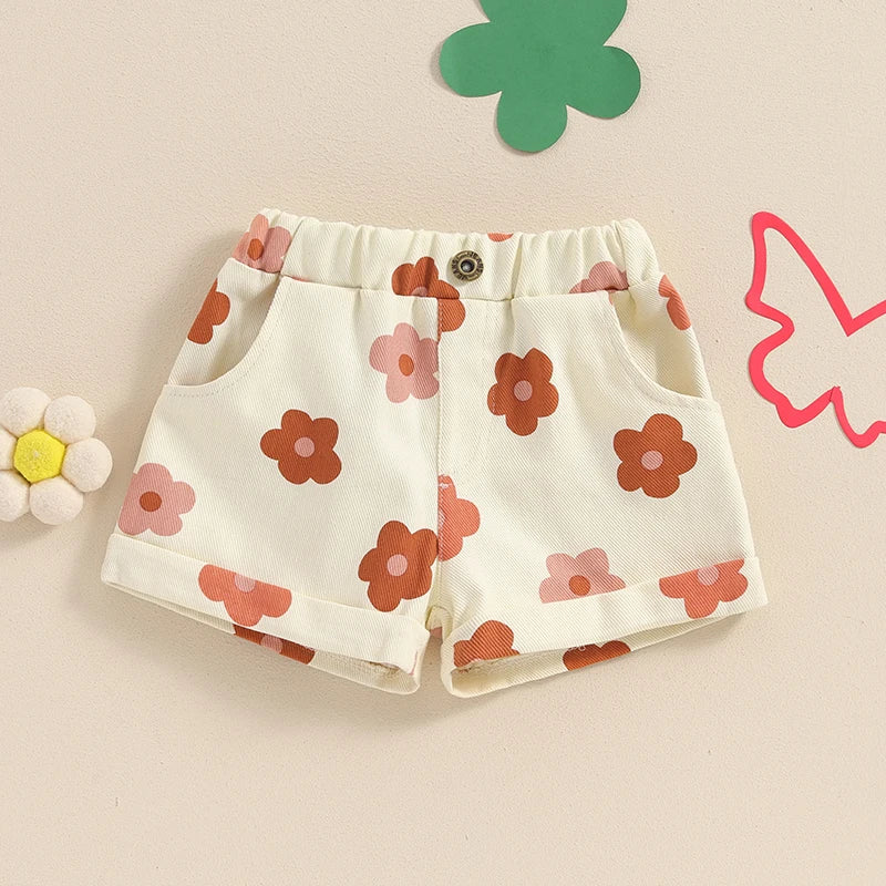 Baby Toddler Girls Summer Denim Shorts Elastic Waist Strawberry Floral Flowers Print Jean Shorts with Pockets