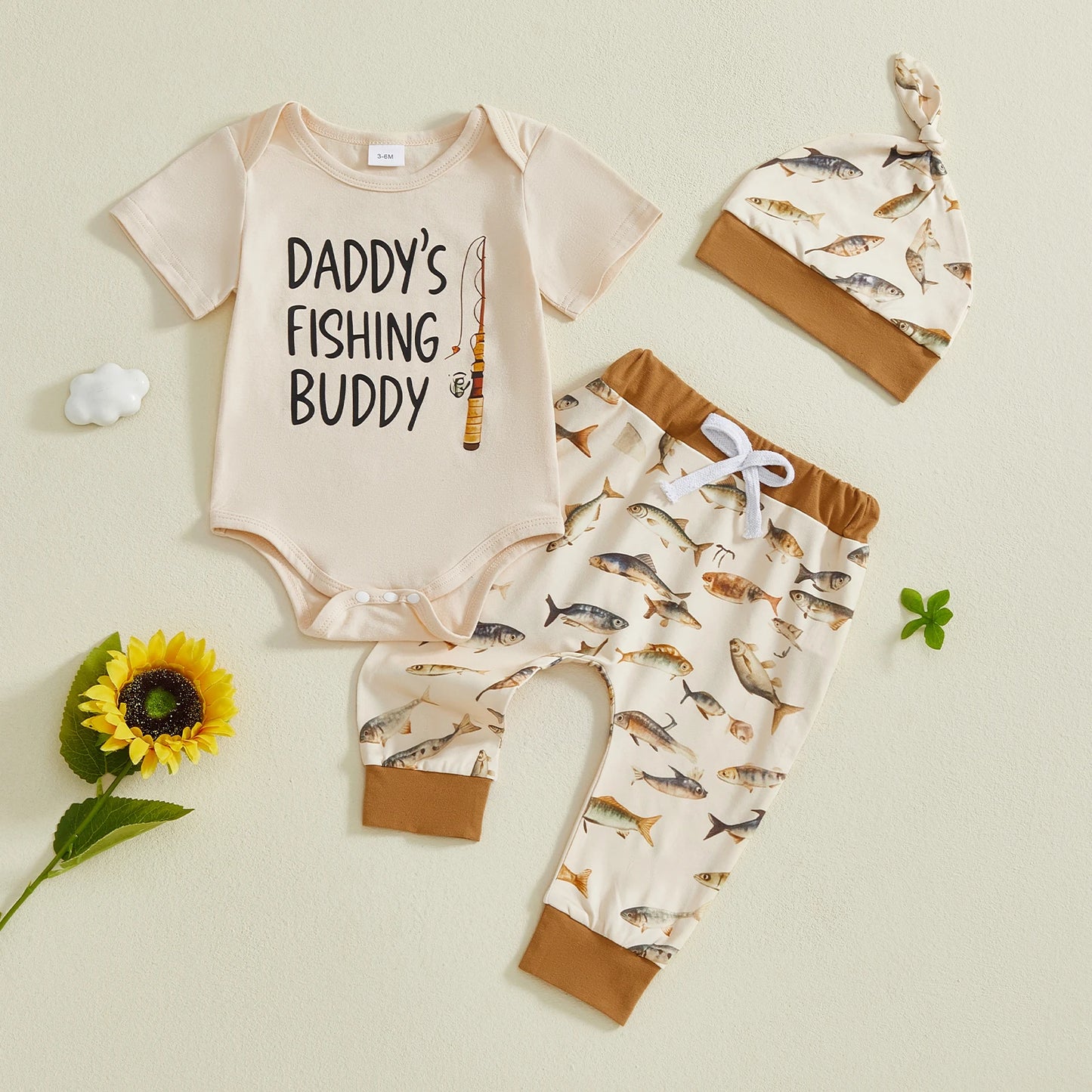Baby Boy 3Pcs Daddy's Fishing Buddy Summer Outfit Crew Neck Short Sleeve Letters Print Romper Elastic Waist Pants and Hat Set