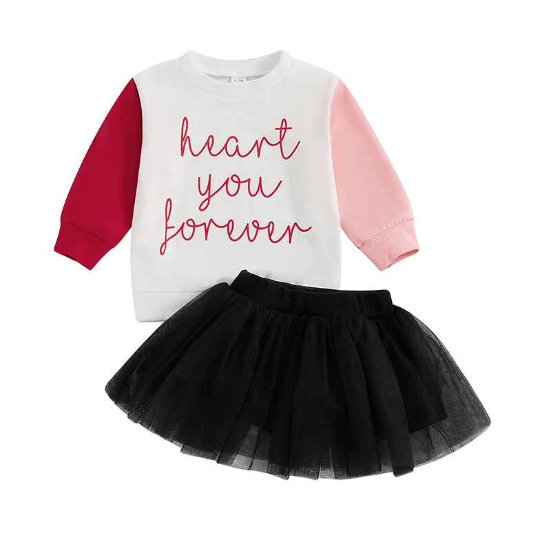 Baby Toddler Girls 2Pcs Heart You Forever Valentine's Day Set Long Sleeve Letters Print Contrast Color Crewneck Top with Tulle Tutu Skirt Valentines Outfit