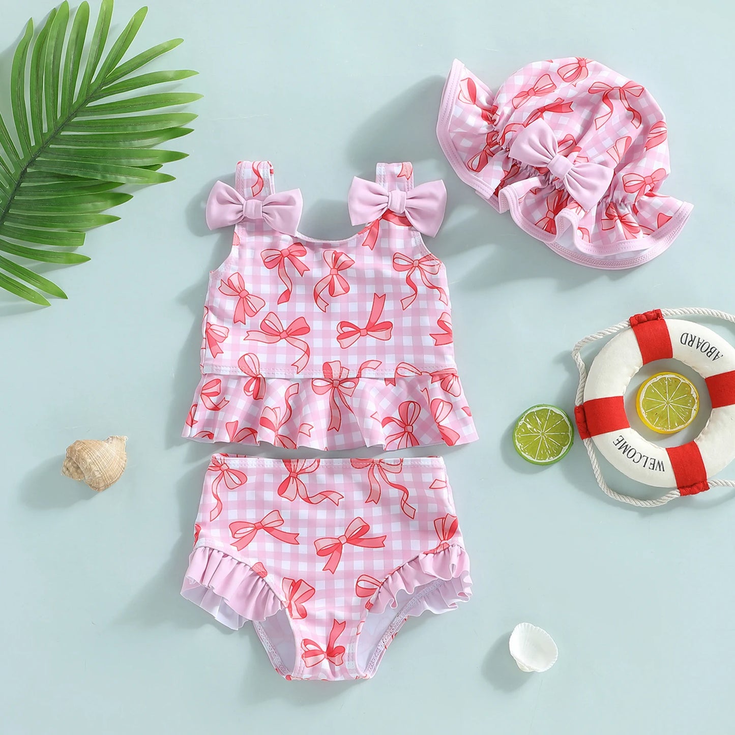 Baby toddler Girls 3Pcs Swimsuit Bow Plaid Print Sleeveless Tank Top with Bloomers and Swimming Hat Set