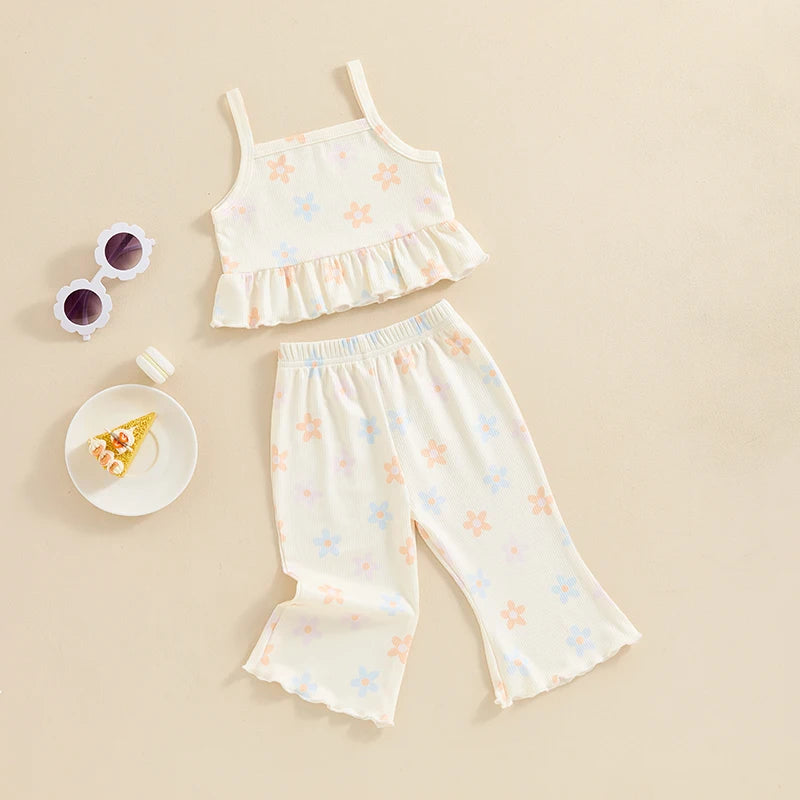 Baby Toddler Girls 2Pcs Clothes Set Flower Print Sleeveless Tank Top Camisole with Flare Pants Summer Outfit