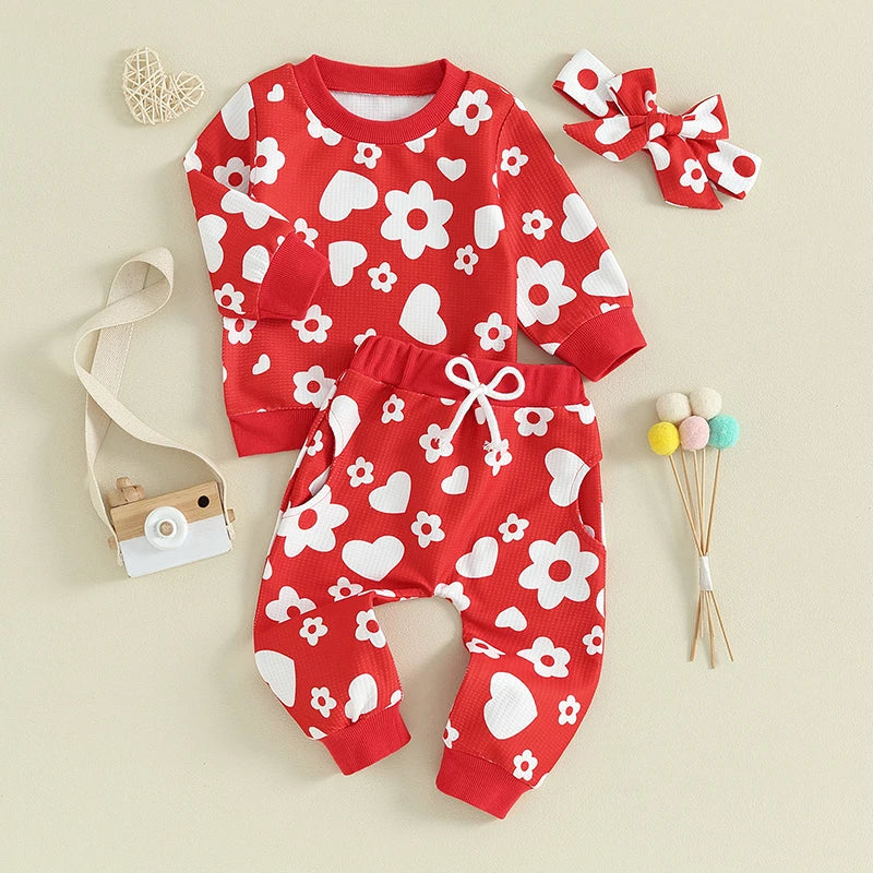 Baby Toddler Girl 3Pcs Valentine's Day Outfit Heart Flower Print Long Sleeve Crewneck Top Casual Pants Set