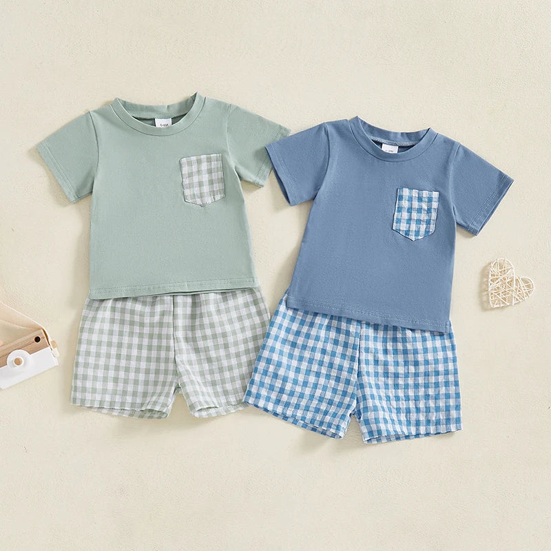 Baby Toddler Boys 2Pcs Summer Spring Outfit Pocket Round Neck Short Sleeve Top with Plaid Pattern Shorts Set