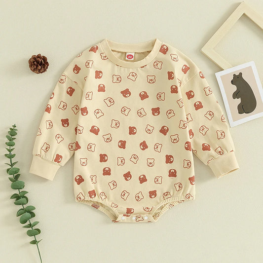 Baby Toddler Girl Boy Cartoon Bear Print Bubble Romper Long Sleeve Crewneck Jumpsuit