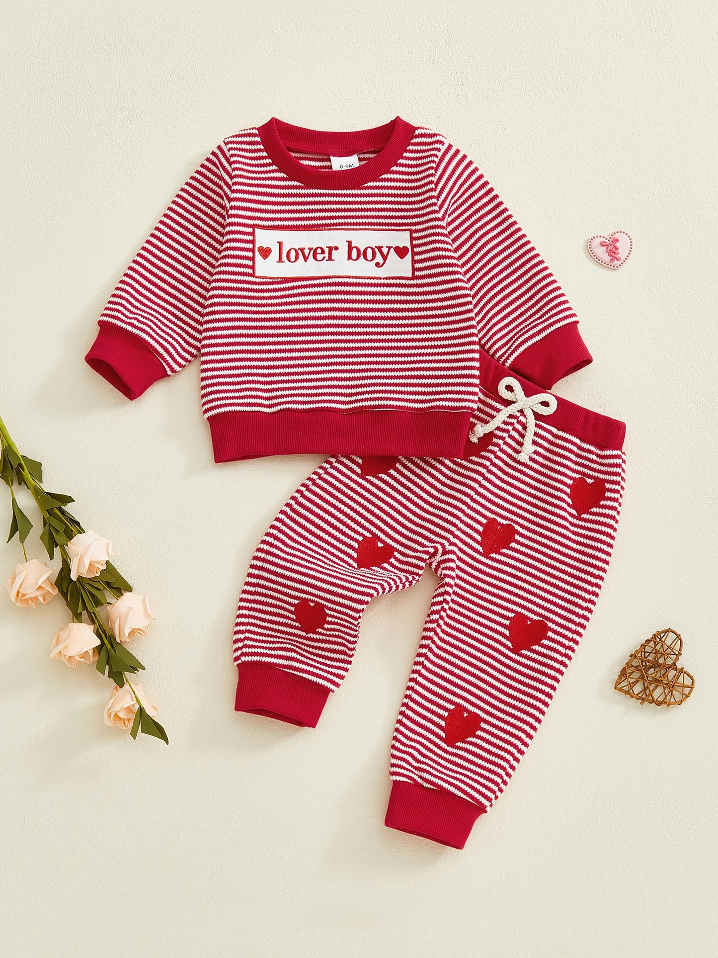Baby Toddler Boy 2Pcs Lover Boy Valentines Day Outfit Stripe Letter Embroidery Crew Neck Long Sleeve Top and Heart Pants 2 Pcs Jogger Set