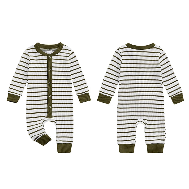 Baby Girl Boy Fall Romper Stripe Print Round Neck Long Sleeve Full Length Jumpsuit