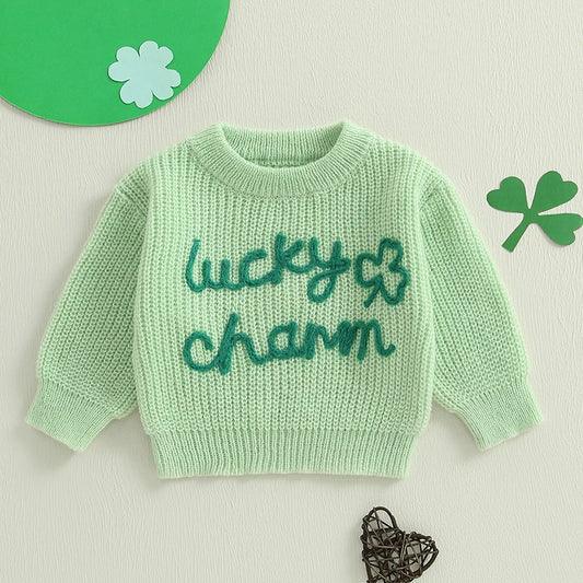 Baby Toddler Boys Girls Lucky Charm St. Patrick's Day Irish Sweater Shamrock Letter Embroidery Long Sleeve Crew Neck Knitwear Pullover Top