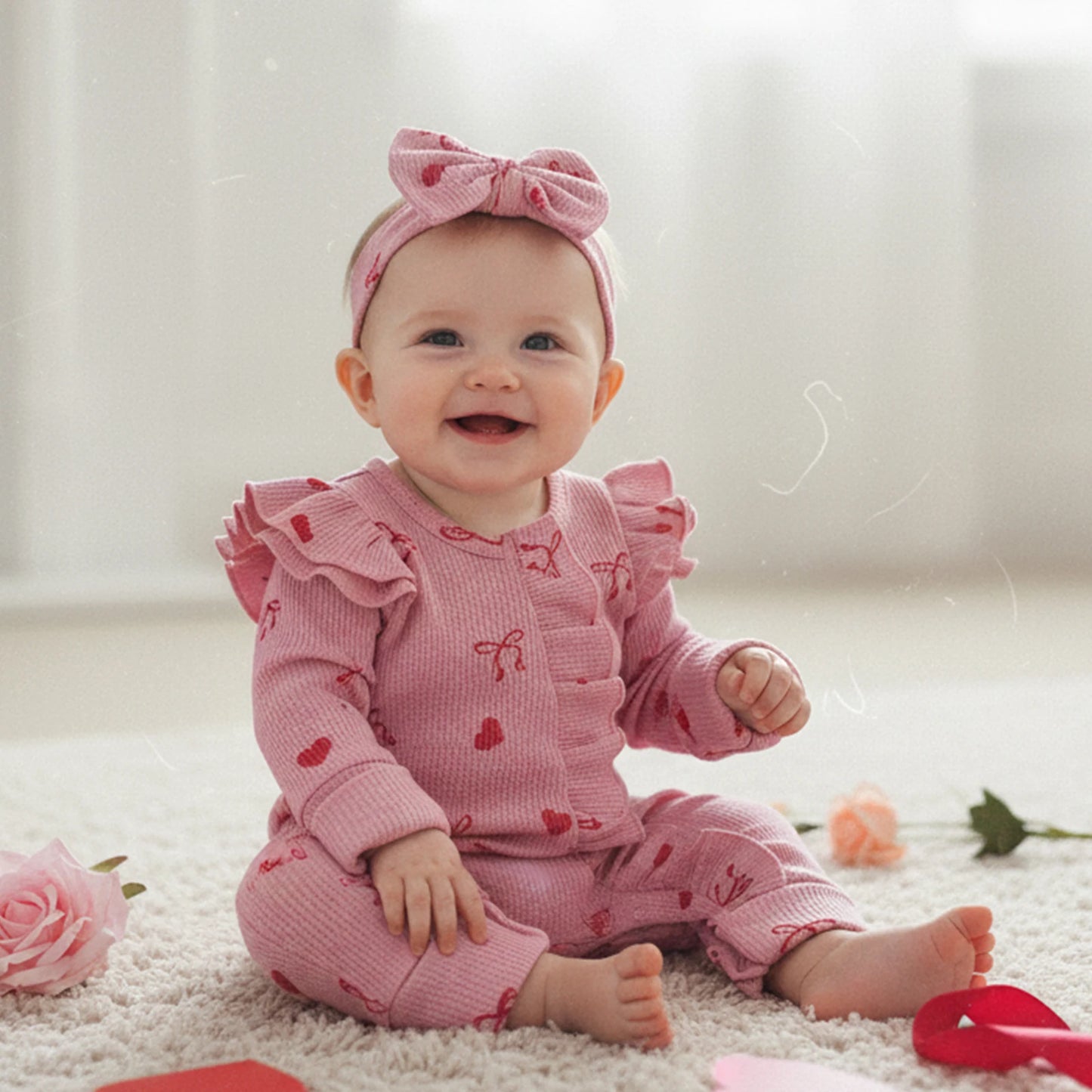 Baby Girls 2Pcs Valentine's Day Romper Outfit Heart Print Ruffle Long Sleeve Jumpsuits Bow Headband Set
