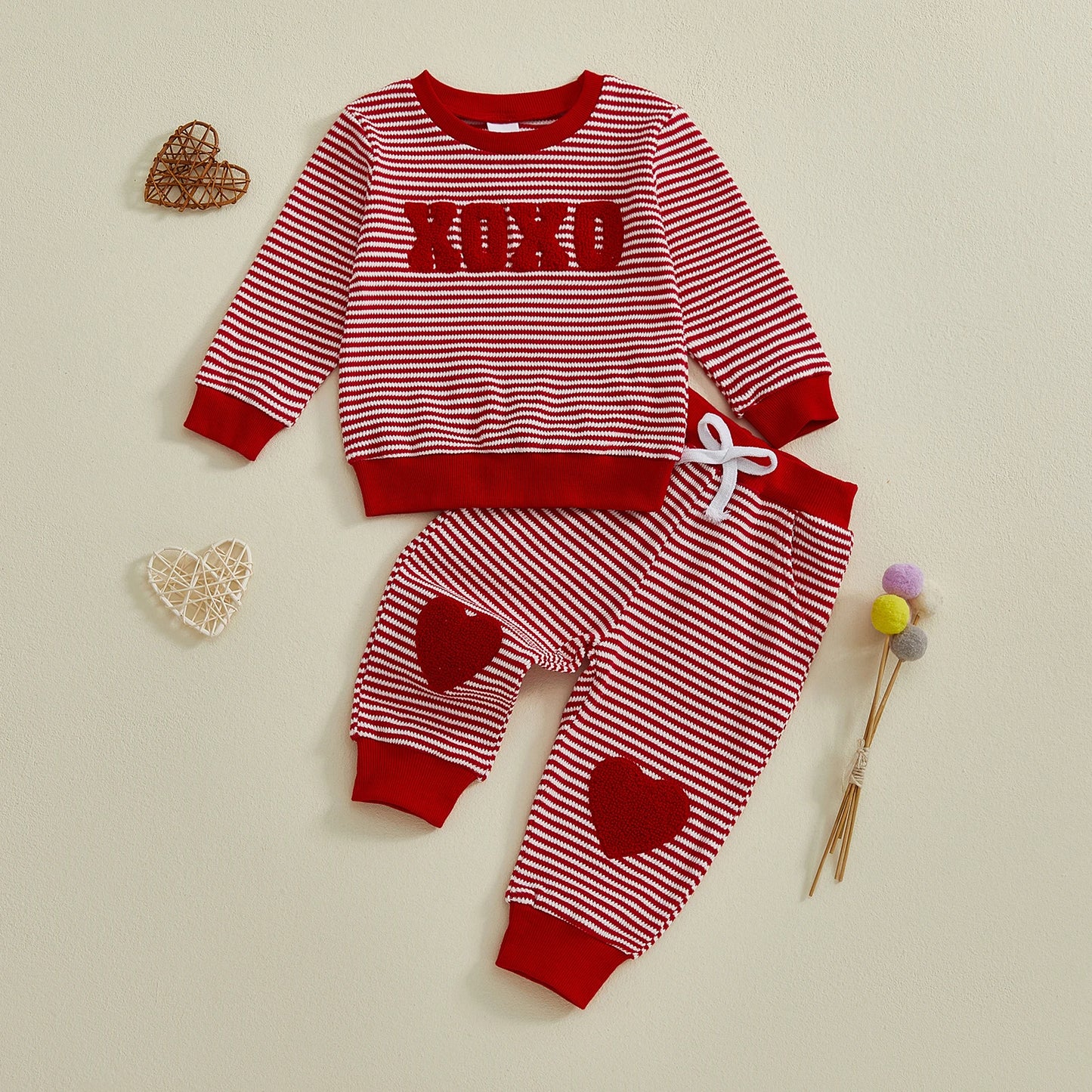 Baby Toddler Girls Boys XOXO Jogger Set Long Sleeve Striped Top with Heart Pants Valentines Day Clothes