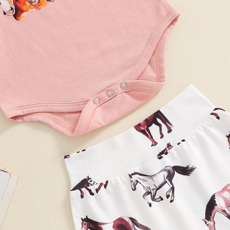 Baby Girls 3Pcs Summer Set Short Sleeve Romper Western Horse Print Bloomers Shorts Headband Set Outfit