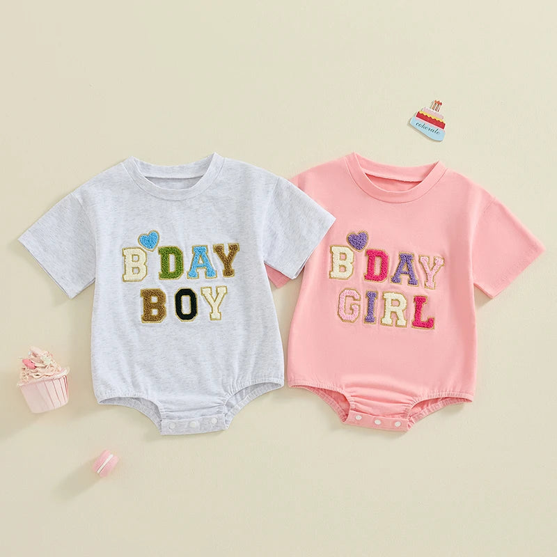 Baby Boys Girls BDAY BOY / GIRL First Birthday One Year Old Romper Short Sleeve Crew Neck Embroidery Heart Letters Bodysuit