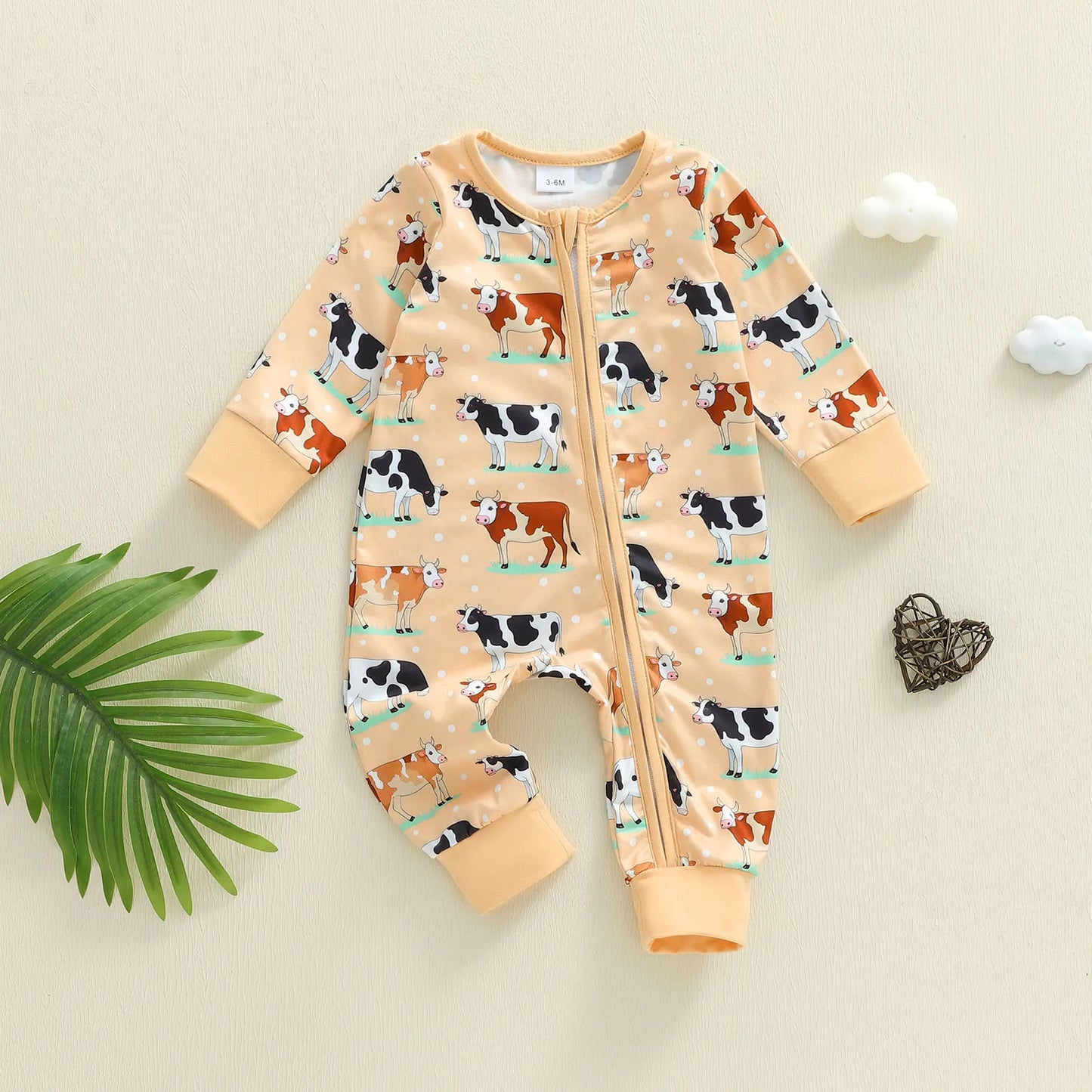 Baby Boy Girl Cow Printed Romper Fashionable Round Neck Long Sleeve Fall Spring Zipper Jumpsuits