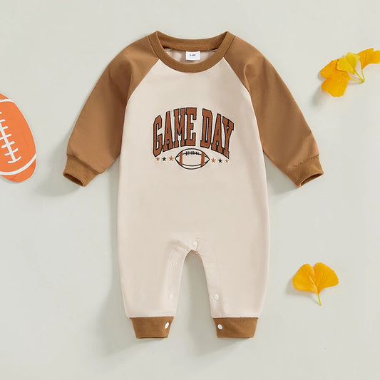 Baby Boys Fall Game Day Jumpsuit Long Sleeve Round Neck Football Letter Print Romper Footless