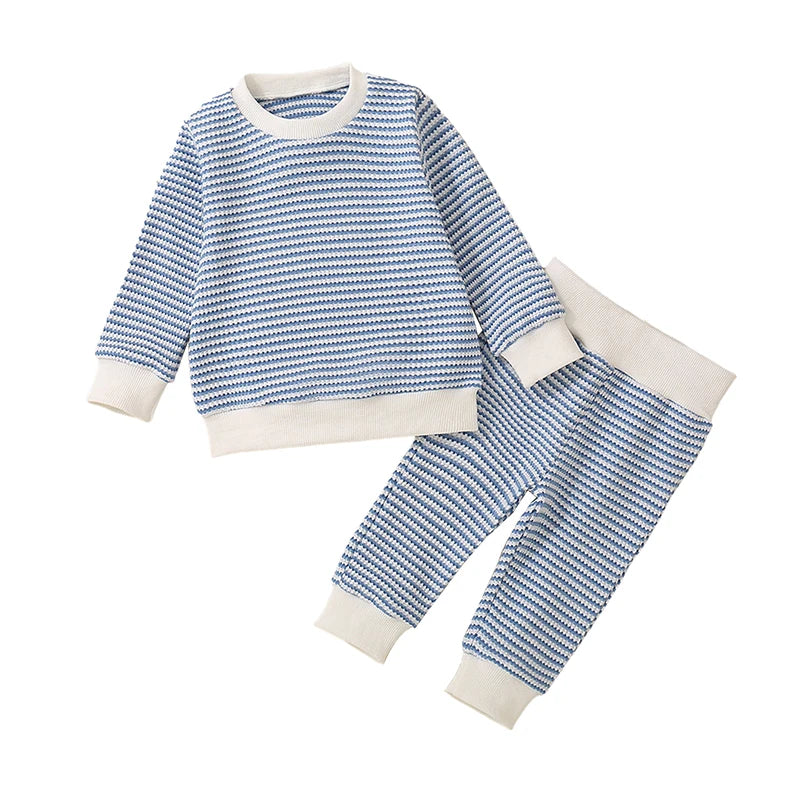 Baby Toddler Boys 2Pcs Fall Outfit Waffle Stripe Long Sleeve Top and Long Pants Set