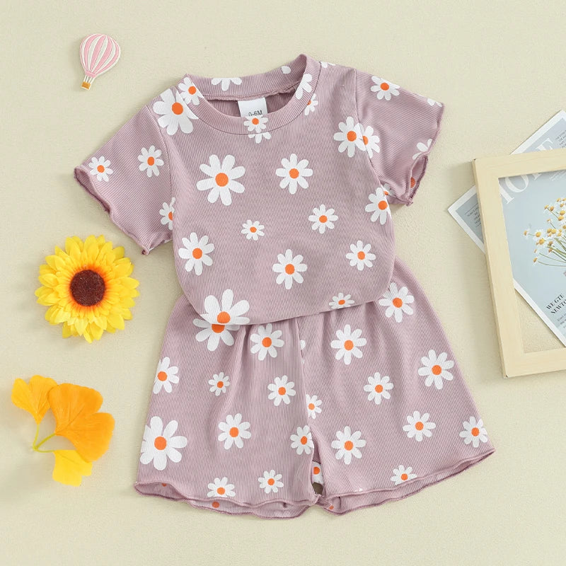 Toddler Baby Girl 2Pcs Spring Summer Clothes Floral Flowers Print Short Sleeve Crewneck Top with Matching Shorts Set Outfit