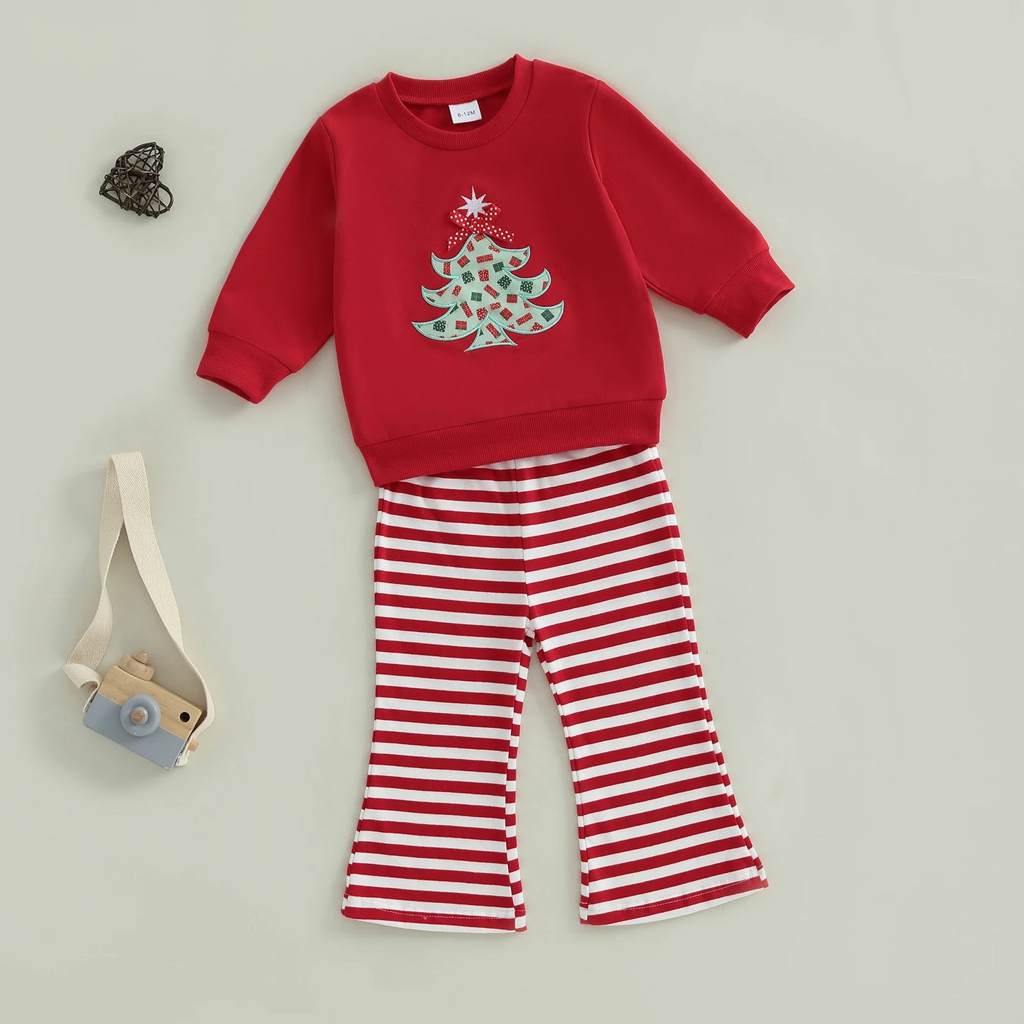 Baby Toddler Girl 2Pcs Christmas Outfit Tree Embroidery Long Sleeve Round Neck Pullover Top Stripe Flare Pants Set