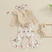 Load image into Gallery viewer, Baby Girl 3Pcs Easter Outfit Solid Ribbed Long Sleeve Romper with Flower &amp; Bunny Print Flare Pants and Headband Bow Set

