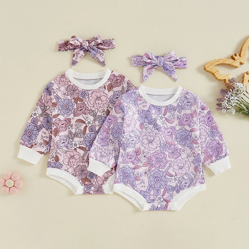 Baby Girls 2Pcs Autumn Casual Romper Long Sleeve O Neck Flower Print Romper with Headband Set