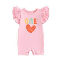 Load image into Gallery viewer, Baby Girls ONE Jumpsuit Fly Sleeve Crew Neck Letters Heart Print Birthday Romper
