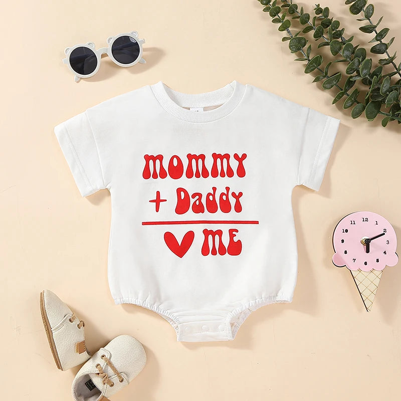 Baby Toddler Girls Boys Valentine's Day Short Sleeve Cotton Letters Mommy + Daddy = Me Heart Print Romper Jumpsuit