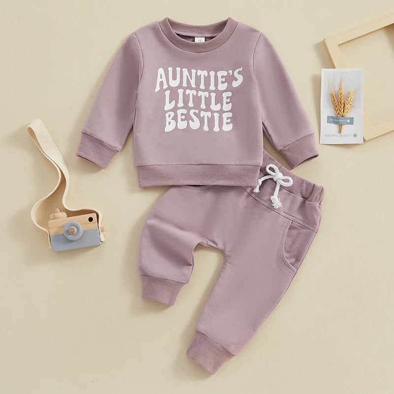 Baby Toddler Boys Girls 2Pcs Auntie's Little Bestie Set Letter Print Long Sleeve Pullover Top Pants Fall Winter Outfit