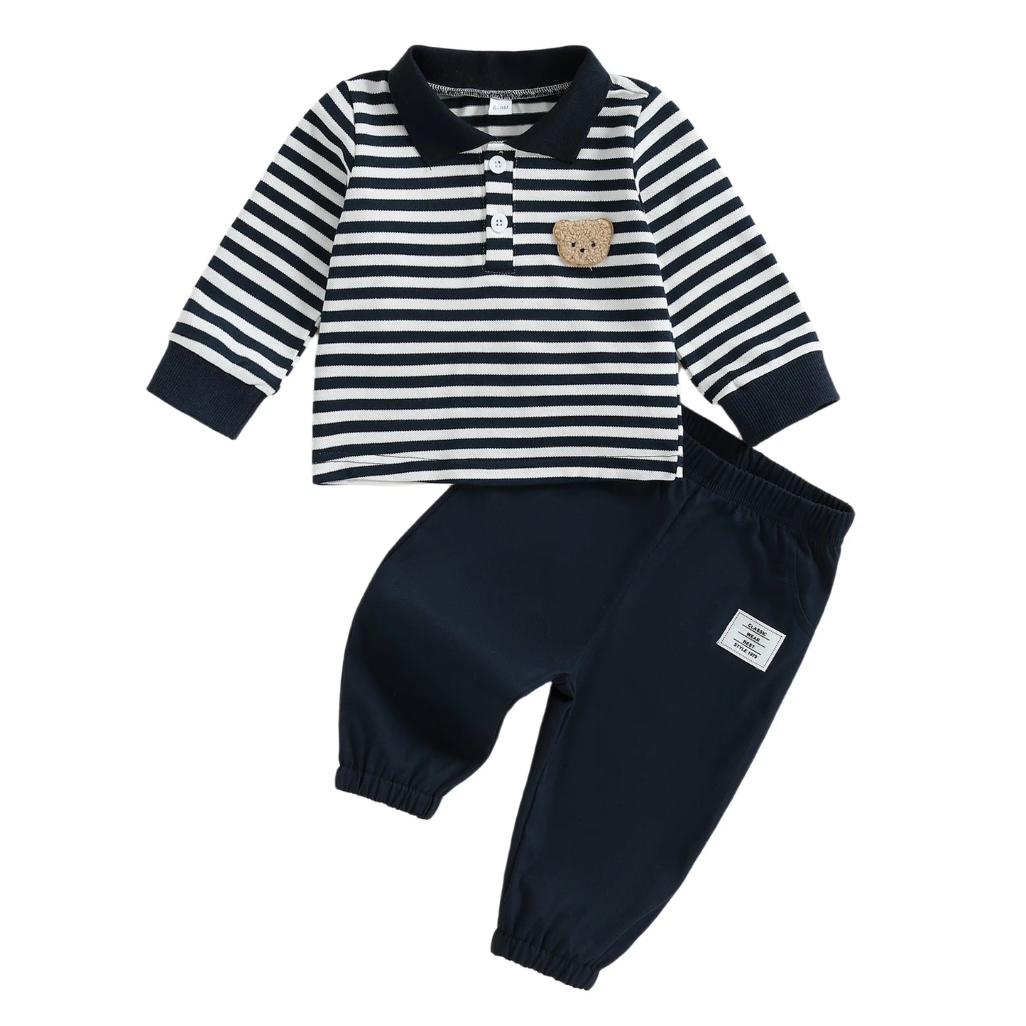 Baby Toddler Boys 2Pcs Fall Long Sleeve Lapel Bear Embroidery Striped Top Pants Sets