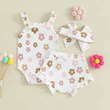Load image into Gallery viewer, Baby Girl 3Pcs Floral Flower Print Sleeveless Tank Top Romper Bodysuit Ruffle Bloomer Shorts Headband Bow Outfit Set
