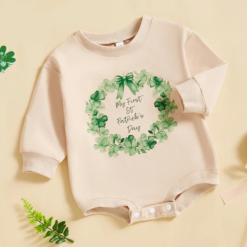 Baby Boy Girl My First St. Patrick's Day Bodysuit Clover Wreath Print Long Sleeve Bubble Romper Spring Clothes