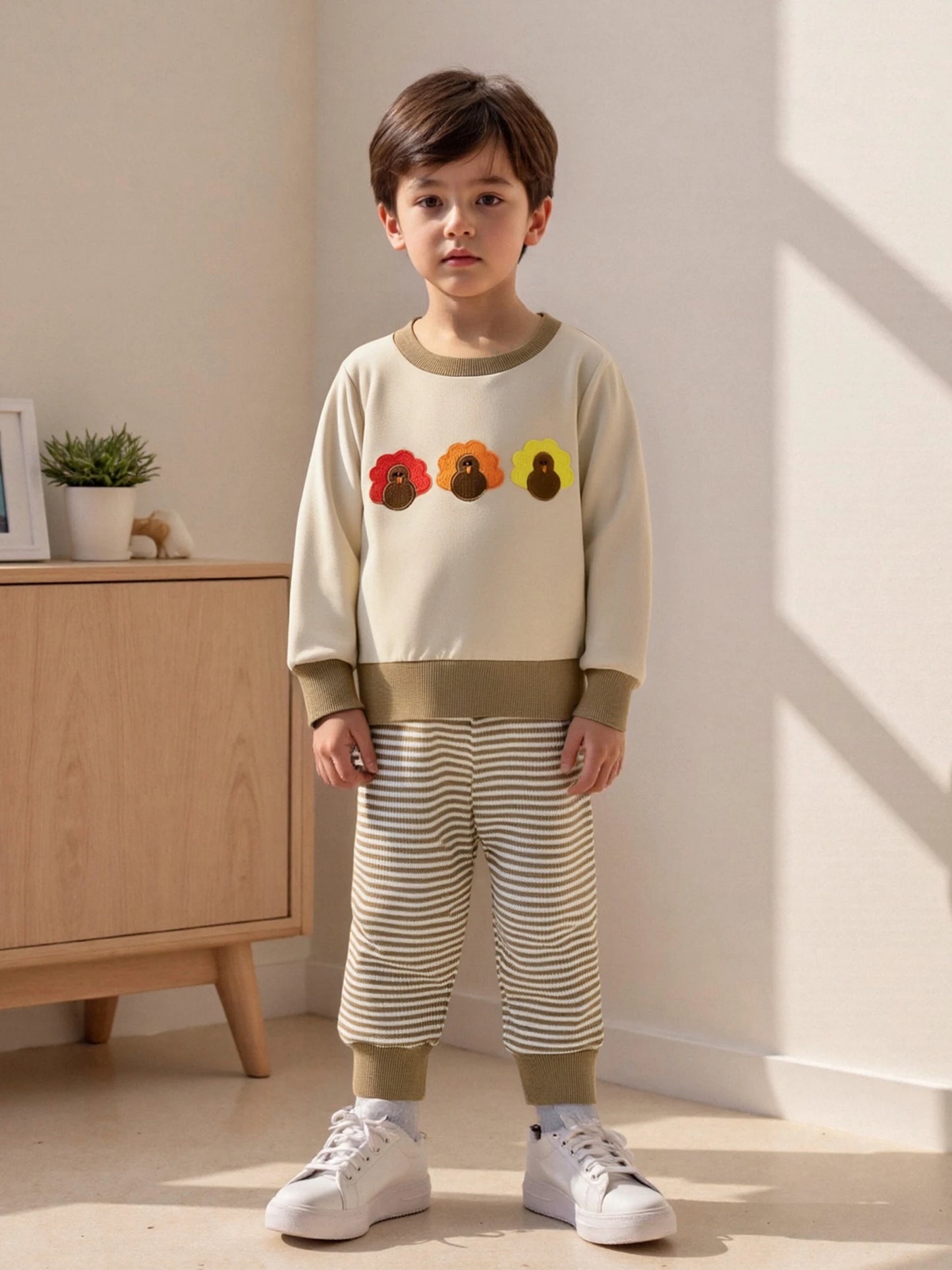 Baby Toddler Boys 2Pcs Jogger Set Long Sleeve Crew Neck Embroidery Gobble Turkey Top with Striped Pants Thanksgiving Clothes