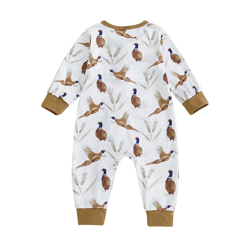 Baby Boys Girls Romper Soft Bird Wheat Ear Pattern Zipper Long Sleeve Crew Neck Jumpsuit