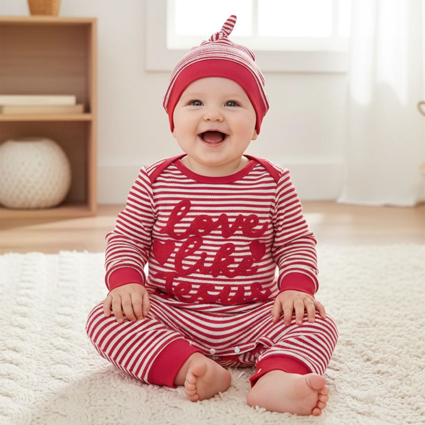 Baby Boys Girls 2Pcs Valentine's Day Romper Love Like Jesus Striped Heart Letter Embroidered Long Sleeve Jumpsuit Knotted Hat Set