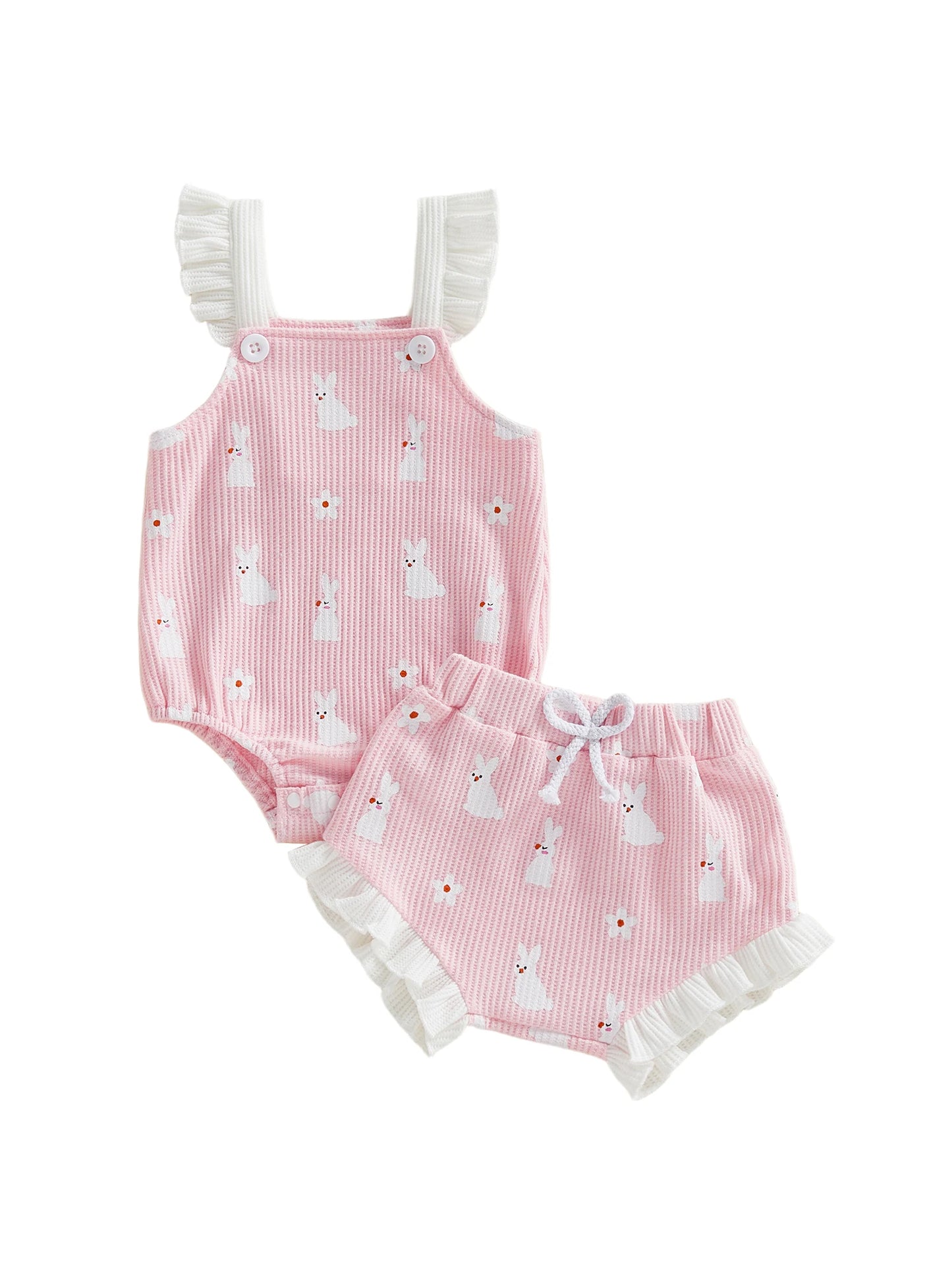 Baby Girl 2Pcs Easter Outfit Square Neck Ruffle Sleeveless Bunny Floral Print Romper Elastic Waist Bloomer Shorts Set