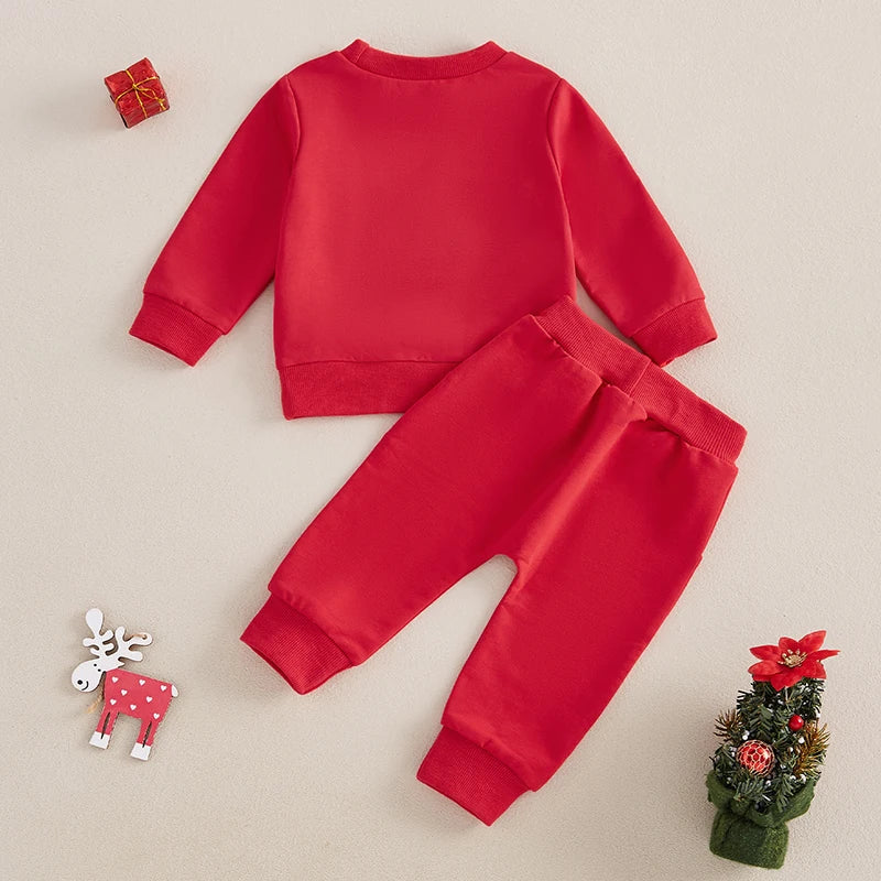 Baby Toddler Girls Boys 2Pcs Holly Jolly Christmas Outfit Letter Embroidery Long Sleeve Top with Solid Long Pants Jogger Set