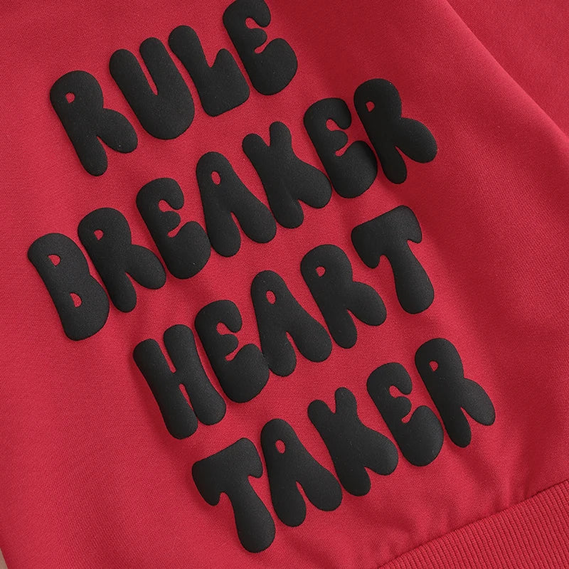 Toddler Kids Boys Girls Rule Breaker Heart Taker Valentine's Day Letter Print Long Sleeve Round Neck Pullover Top