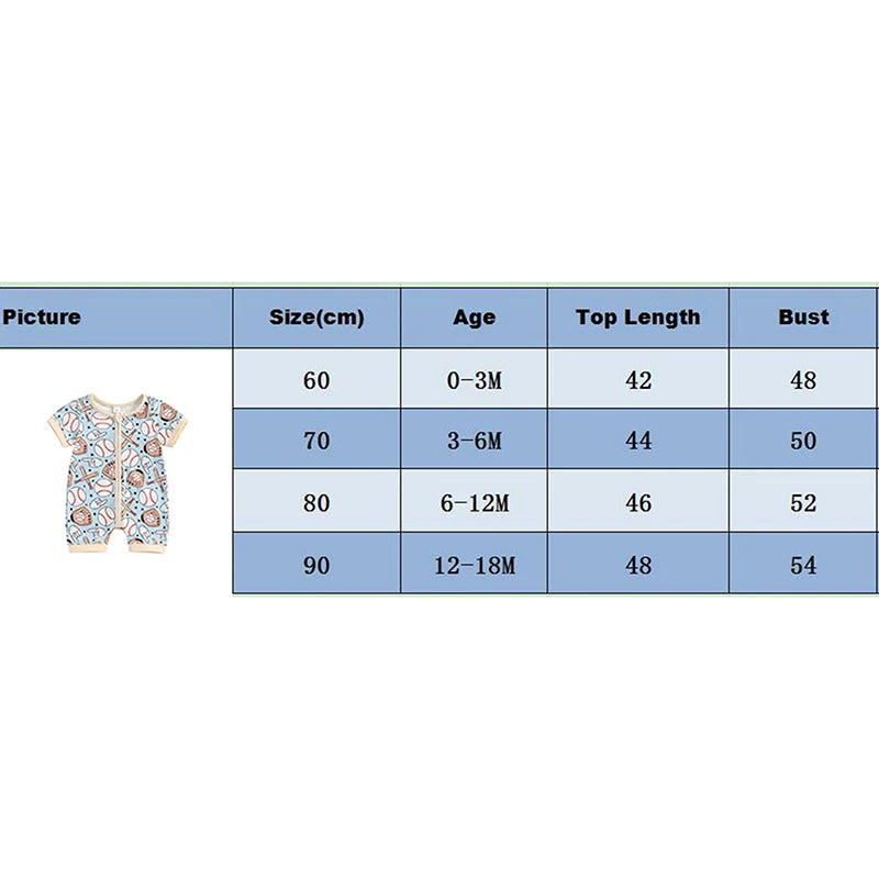 Baby Boys Girls Short Sleeve Baseball Glove Bat Print Zip Up Rompers Jumpsuits