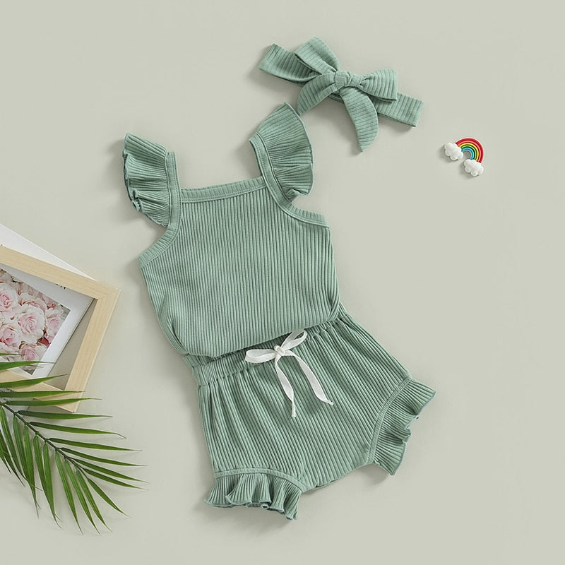 Baby Toddler Girls 3Pcs Flutter Sleeve Solid Romper Tops Drawstring Short Pants Headband Outfit