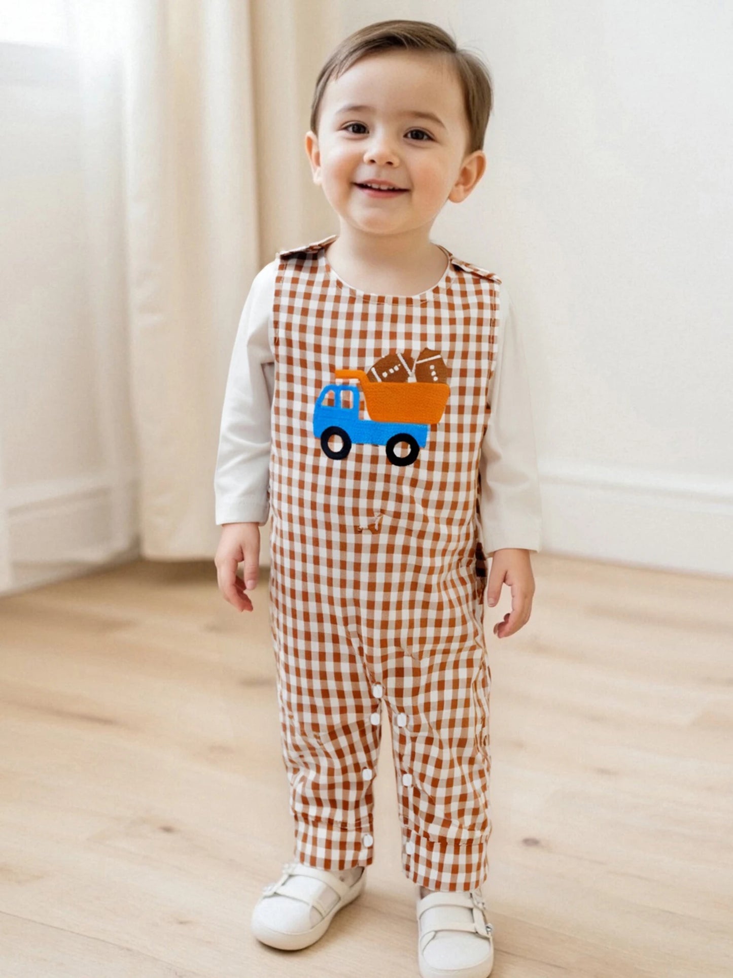 Baby Boy 2Pcs Fall Outfit Crew Neck Long Sleeve Romper and Truck Football Embroidery Plaid Overall Pants Set