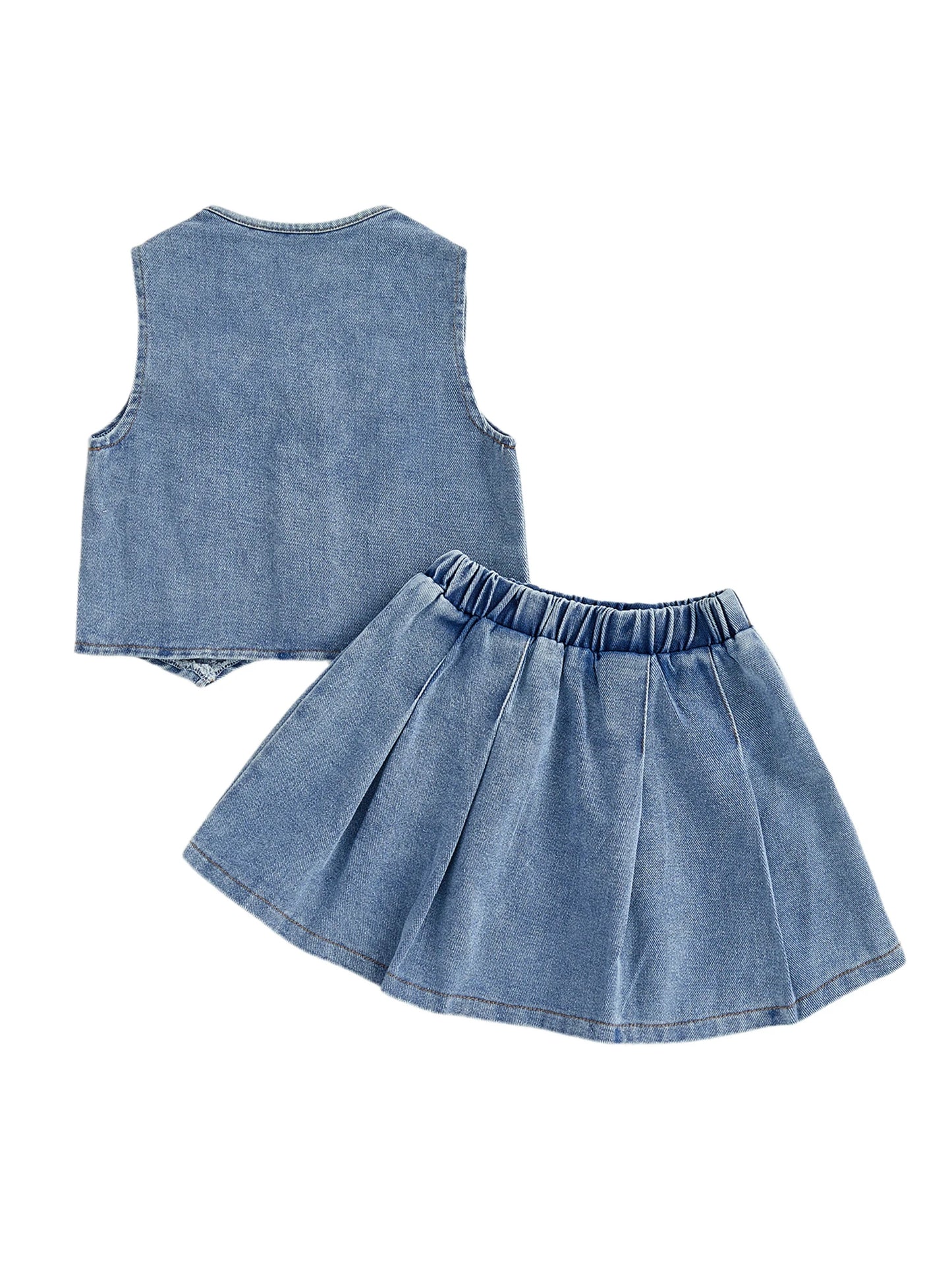 Toddler Kids Girls 2Pcs Denim Set Solid Color V-Neck Button Down Vest and Pleated Skirt 2 Piece Outfit