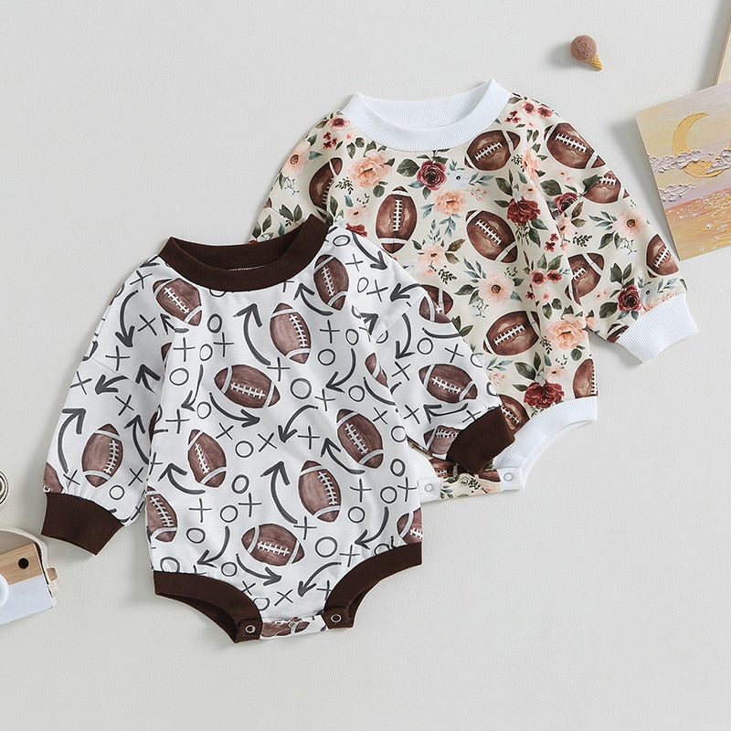 Baby Boy Girl Fall Bodysuit Long Sleeve Round Neck Football Print Jumpsuit Romper