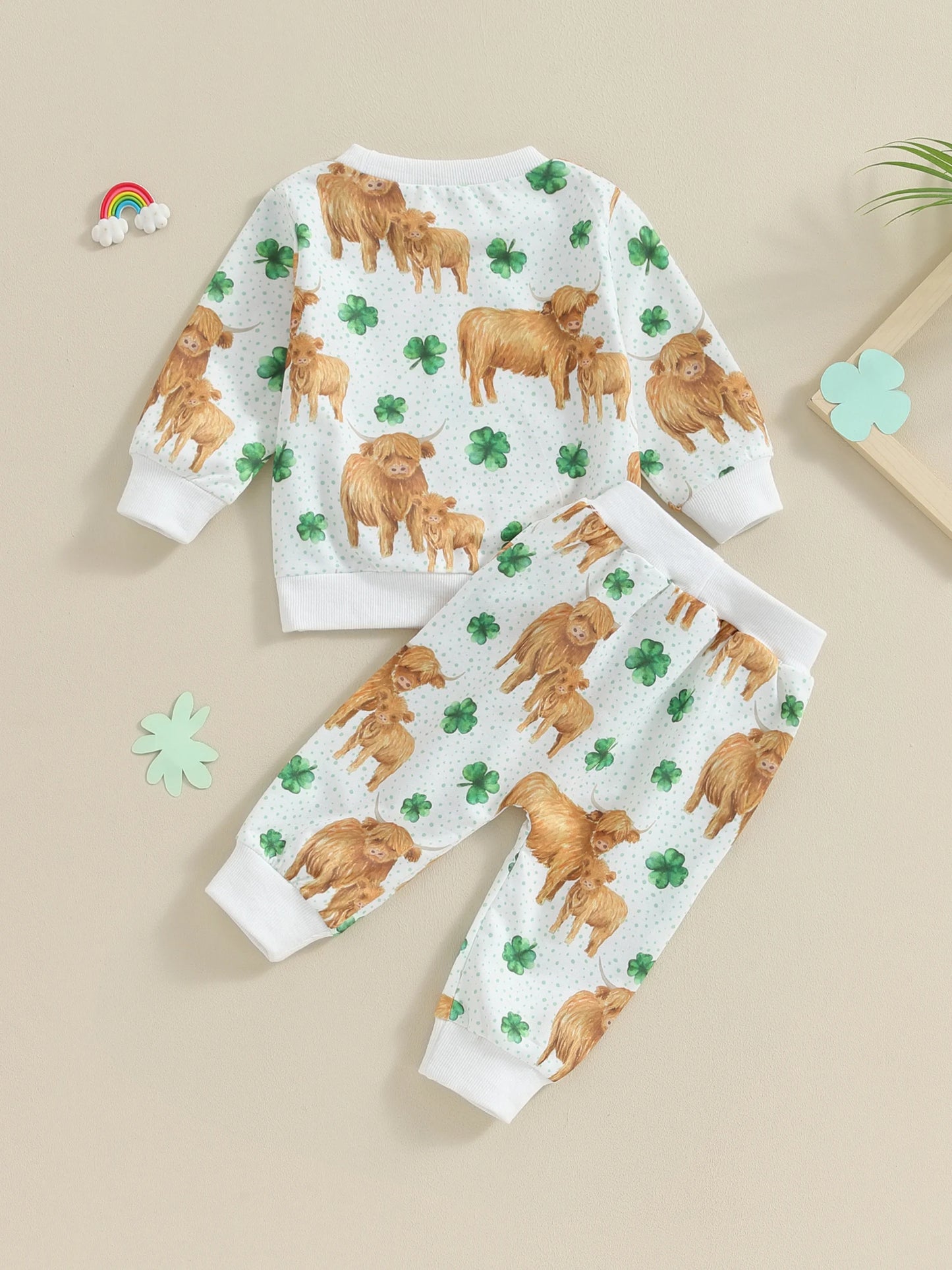 Toddler Baby Girl Boy 2Pcs St. Patrick's Day Outfits Long Sleeve Top Four Leaf Clover Shamrock Cow Print with Pants Set