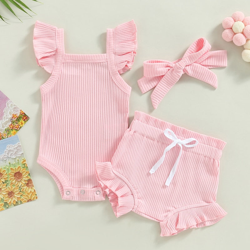 Baby Toddler Girls 3Pcs Flutter Sleeve Solid Romper Tops Drawstring Short Pants Headband Outfit