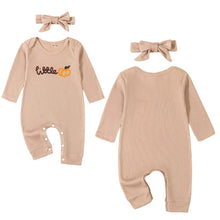 Load image into Gallery viewer, Baby Girls 2Pcs Hello Fall / World / Little Pumpkin Outfit Long Sleeve Crew Neck Embroidery Letters Jumpsuit with Headband Set
