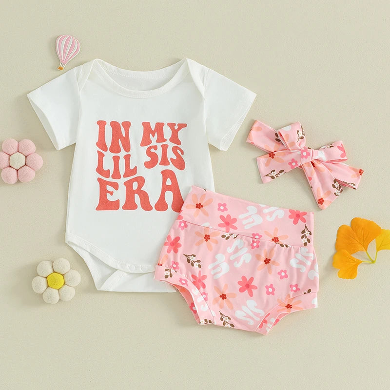 Toddler Baby Girl 3Pcs In My Lil Sis Era Spring Summer Outfits Short Sleeve Letter Romper Flower Pattern Shorts Headband Set