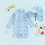 Baby Toddler Boy 2Pcs Swimwear Set Dinosaurs / Turtle / Whale Print Long Sleeve Swimsuit Sun Hat Bathing Suit Outfit Set