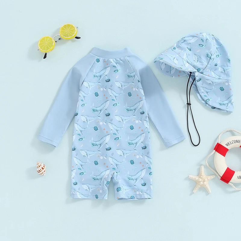 Baby Toddler Boy 2Pcs Swimwear Set Dinosaurs / Turtle / Whale Print Long Sleeve Swimsuit Sun Hat Bathing Suit Outfit Set