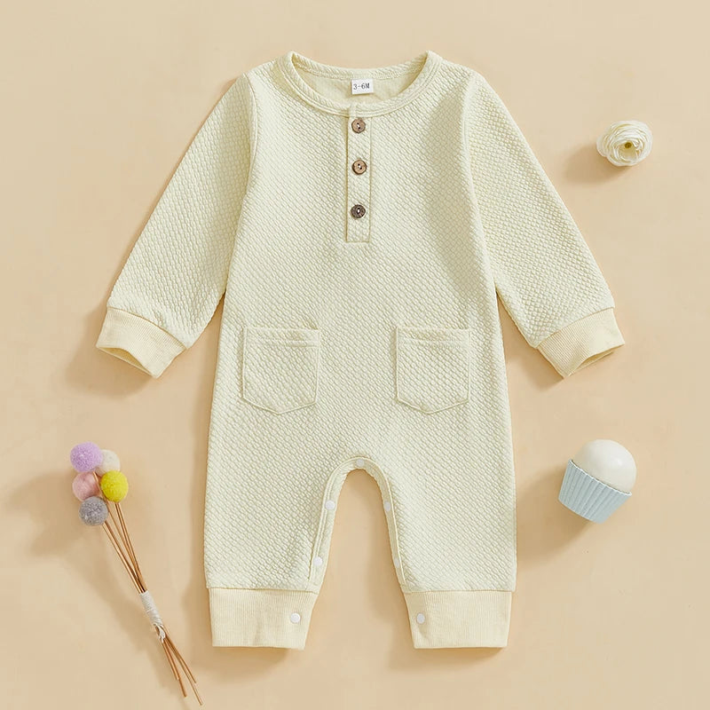 Baby Girls Boys Romper Solid Color Buttons Pockets O-Neck Long Sleeve Spring Jumpsuit